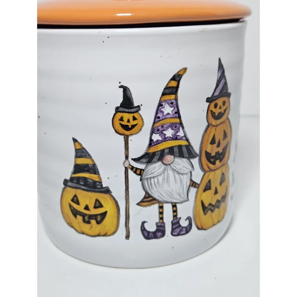 Cobwebs And Cauldrons Halloween Gnome Pumpkin Ceramic Canister Cookie Jar Orange